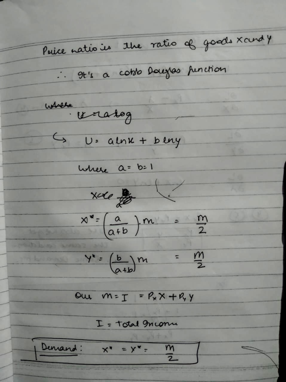 Purice natio is the ratio of goods Xandy .. 9ts cobb Douglas function unatog U alnut beny where a= b=1 xcole alm. atb EIN EI