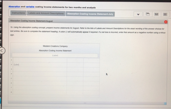 Absorption and variable costing income statements for two months and analysis Instructions Labels and Amount Descriptions Abs