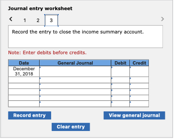 Journal entry worksheet 1 2 3 Record the entry to close the income summary account. Note: Enter debits before credits Date December General Journal|Debit Credit 31,2018 Record entry View general journal Clear entry