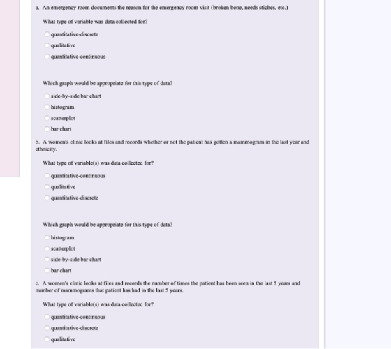 a. An emergency room documents the reason for the emergency room visit (broken bone, needs stiches, etc.) What type of variab