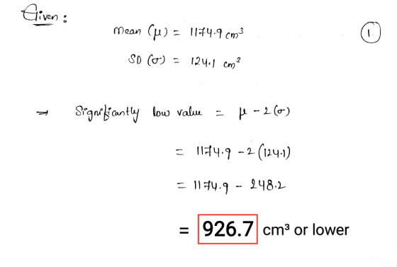 Eliven: Mean (u) = 1174.9 cm3 SD (T) = 124.1 cmo Significantly low value - K-2 (0) 1184.9 -2 (124.1) = 1184.9 248.2 926.7 cm3