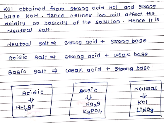 KCI obtained foom Strong acid HCl and strong bose. KOH . Hence Deither ion_coill affect the acidity Oo basicity_of the soluti