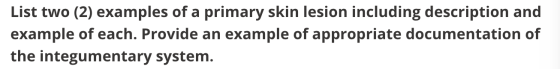List two (2) examples of a primary skin lesion including description and example of each. Provide an example of appropriate d