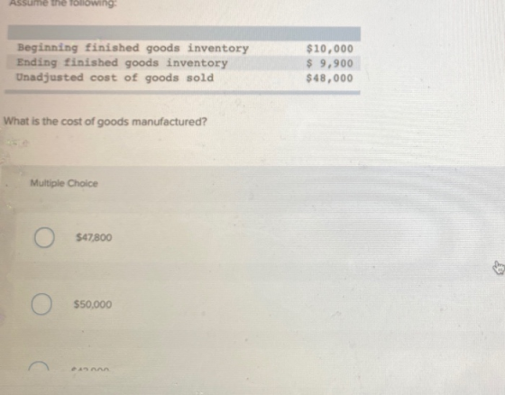 ssume the following: Beginning finished goods inventory Ending finished goods inventory Unadjusted cost of goods sold $10,000