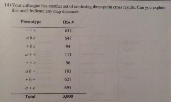 14) Your colleague has another set of confusing three-point cross results. Can you explain this one? Indicate any map distances. Phenotype Obs 633 647 b c a a b 103 621 b 695 a c 3,000 Total