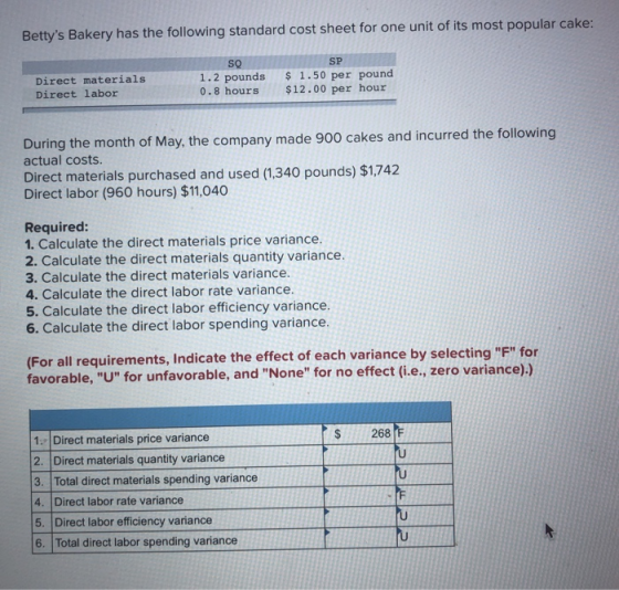 Bettys Bakery has the following standard cost sheet for one unit of its most popular cake: SP SQ $ 1.50 per pound $12.00 per