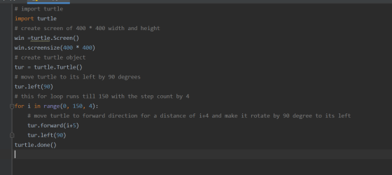# import turtle import turtle # create screen of 400 * 400 width and height win =turtle.Screen() win.screensize(400 * 400) #