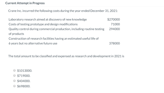 Current Attempt in Progress Crane Inc. incurred the following costs during the year ended December 31, 2021: $270000 71000 29
