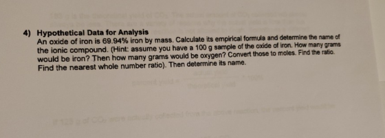 4) Hypothetical Data for Analysis An oxide of iron is 69.94% iron by mass. Calculate its empirical formula and determine the