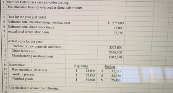 1 Stanford Enterprises uses job-order costing. 2 The allocation base for overhead is direct labor hours. 3 4 Data for the yea