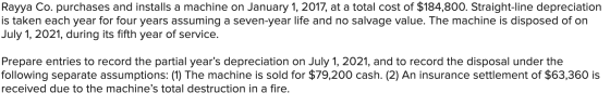 Rayya Co. purchases and installs a machine on January 1, 2017, at a total cost of $184,800. Straight-line depreciation is tak