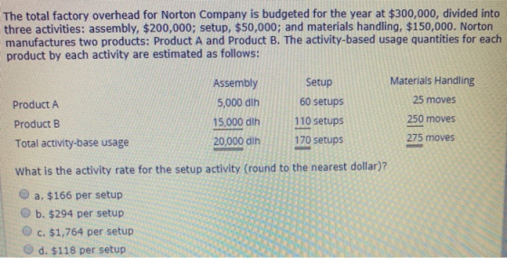 The total factory overhead for Norton Company is budgeted for the year at $300,000, divided into three activities: assembly,