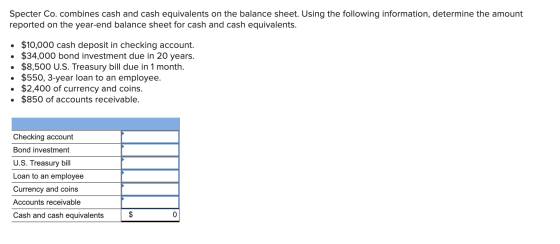 Specter Co. combines cash and cash equivalents on the balance sheet. Using the following information, determine the amount re