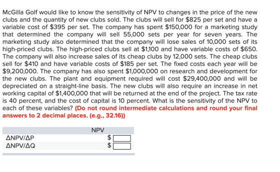 McGilla Golf would like to know the sensitivity of NPV to changes in the price of the new clubs and the quantity of new clubs