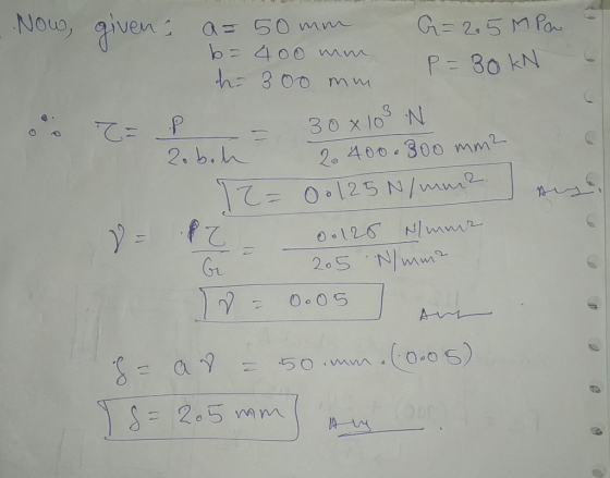 a Robot --Now, given, a=50mm G=2,5 MPa b= 400 mm m P = 30 kN hr 300 mm o = P – 30 x 103 N 2.400.300 mm² 1= 00125 N/mm2] C 0.1