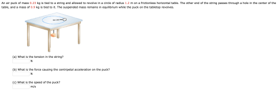 An air puck of mass 0.23 kg is tied to a string and allowed to revolve in a circle of radius 1.2 m on a frictionless horizont