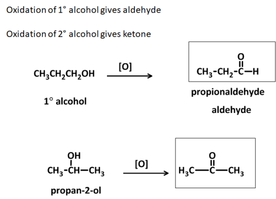 Oxidation of 1° alcohol gives aldehyde Oxidation of 2° alcohol gives ketone [O] con onenaron como CH2-CH2-C-H CH3CH2CH2OH 1°