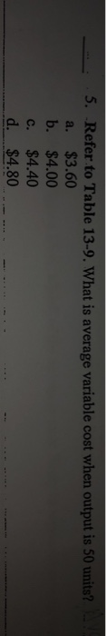 5. Refer to Table 13-9. What is average variable cost when output is 50 units? $3.60 b. $4.00 $4.40 d. $4.80 a. с.