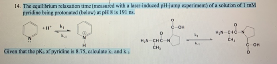 14. The equilibrium relaxation time (measured with a laser-induced pH-jump experiment) of a solution of 1 mM pyridine being p