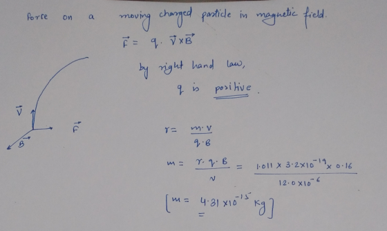 forre би a moving charged particle in magnetic field. tu q. Tx B by right hand law, q is positive ta m.v B q. m= r.q. B N lol