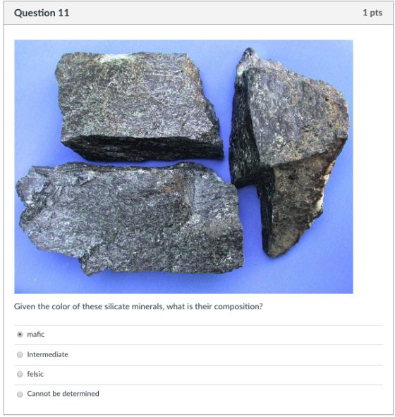 Question 11 1 pts Given the color of these silicate minerals, what is their composition? mafic O Intermediate O felsic O Cann