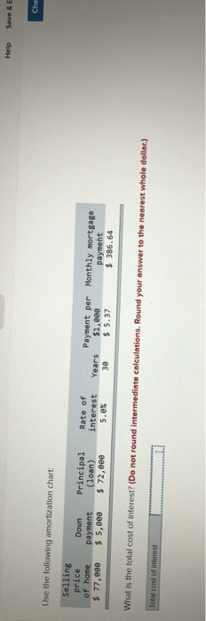 Help Save & Use the following amortization chart: Selling price of home $ 77,eee Down payment $ 5,eee Principal (loan) $ 72,e