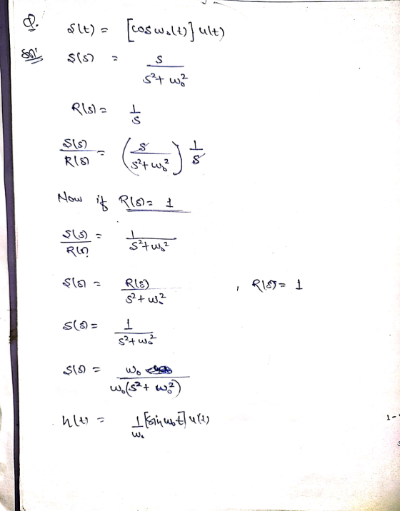 & slt) = [cos wolt)] ult) Soni $15. s s²t we Ris) at $(s) R18 so & 8²7 g est Now if R182 1 S15) - I Stug? RO $187 = Ris) s²+w