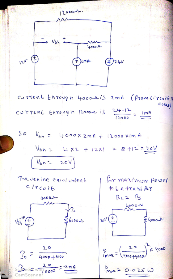 40001 12r 0 Guma 6 24v current through 40oornis 2mA (from.circuit ih clear) IMA current through 12000-r is 24-12 12000 So Ven