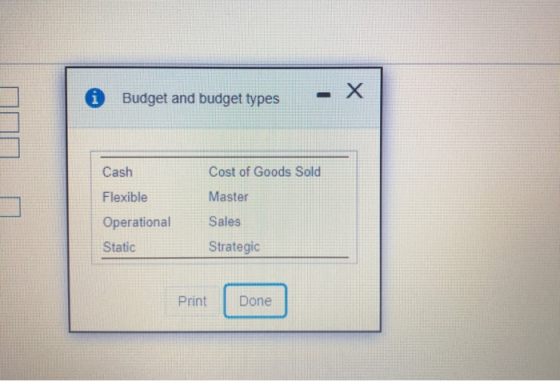0 Budget and budget types - X Cash Flexible Cost of Goods Sold Master Sales Strategic Operational Static Print Print Done Don