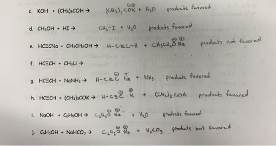 C. KOH + (CH3)3COH (CH3), COK + H20 products favored d. CH₃OH + HI CH₃-I + H₂O products favored mooie products not favored e.