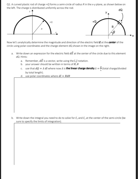 Q1. A curved plastic rod of charge+Q forms a semi-circle of radius R in the x-y plane, as shown below on the left. The charge is distributed uniformly across the rod. dQ +Q +Q Now lets analytically determine the magnitude and direction of the electric field E at the center of the circle using polar coordinates and the charge element dQ shown in the image on the right Write down an expression for the electric field dE at the center of the circle due to this element dQ. Hints: a. a. Remember, dE is a vector, write using the l,J notation. b. your answer should be written in terms of R, use that dQ = λ dl where now λ is the linear charge density λ = 요 (total charge/divided by total length) use polar coordinates where dl Rde c. d. b. Write down the integral you need to do to solve for E,and E, at the center of the semi-circle (be