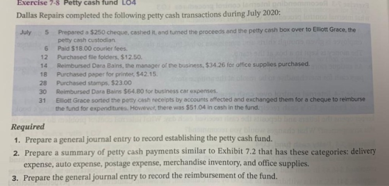 Exercise 7-8 Petty cash fund L04 Dallas Repairs completed the following petty cash transactions during July 2020: July 5 6 12