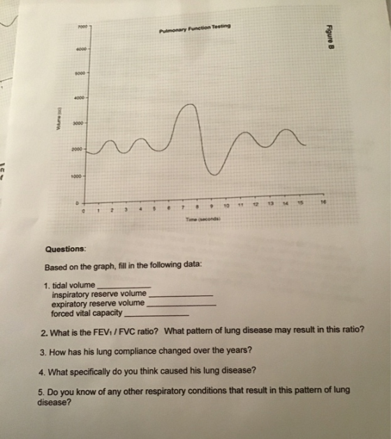 Pulmonary Function Testing Figure B Volume 15 Questions: Based on the graph, fill in the following data: 1. tidal volume insp