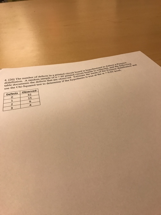 a printed circult board in thypotheshzed to foltow a Voisson fn 60 printed distribution. A table documents the defects that arpothesis is use the Chi-Squared to test to determine if the hypothesis is true st the a0.05 level. Defects Observed 2s 9