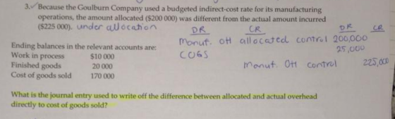 3. Because the Goulburn Company used a budgeted indirect-cost rate for its manufacturing operations, the amount allocated ($2