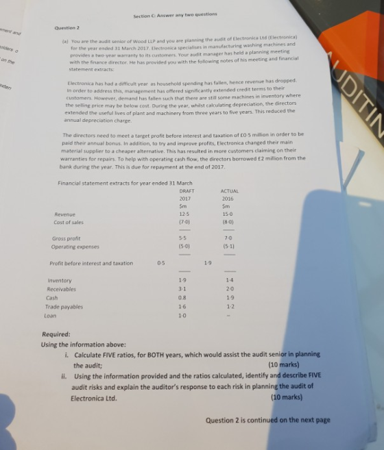 Section C: Answer any two questions ement and Question 2 ou are the audit senior of Wood LLP and you are planning the audit of Electronica Ltd (Electronica) onica specialises in manufacturing washing machines and la) Y ders o for the year ended 31 March 2017. Electr provides a two-yea with the finance director. statement extracts r warranty to its customers. Your audit manager has held a planning meeting He has provided you with the following notes of his meeting and financial Electronica has had a difficult year as household spending has fallen, hence revenue has dropped In order to address this, management has offered significantly extended credit terms to their custorners. However, demand has fallen such that there are still some machines in inventory where the selling price may be below cost. During the year, whilst calculating depreciation, the directors extended the useful lives of plant and machinery from three years to five years. This reduced the annual depreciation charge. The directors need to meet a target profit before interest and taxation of E0-5 million in order to be paid their annual bonus. In addition, to try and improve profits, Electronica changed their main material supplier to a cheaper alternative. This has resulted in more customers claiming on their warranties for repairs. To help with operating cash flow, the directors borrowed £2 million from the bank during the year. This is due for repayment at the end of 2017. Financial statement extracts for year ended 31 March DRAFT ACTUAL 2017 5m 12-5 (701 Sm 15-0 (80) Revenue Cost of sales Gross proft Operating expenses 7-0 (5-1) (50) Profit before interest and taxation 0-5 Inventory Receivables Cash Trade payables Loan 1-9 3-1 0.8 1.6 1.0 1-4 2-0 1.9 1.2 Required: Using the information above: Calculate FIVE ratios, for BOTH years, which would assist the audit senior in planning the audit; i. (10 marks) i. Using the information provided and the ratios calculated, identify and describe FIVE audit risks and explain the auditors response to each risk in planning the audit of Electronica Ltd (10 marks) Question 2 is continued on the next page