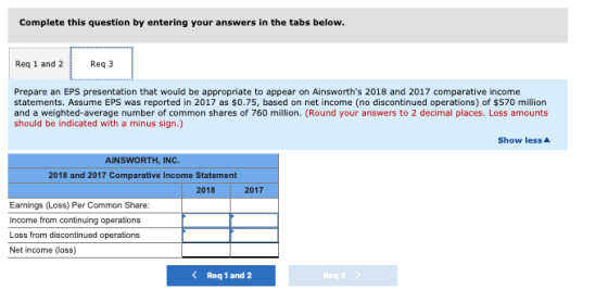 Complete this question by entering your answers in the tabs below. Req 1 and 2 Reg 3 Prepare an EPS presentation that would b
