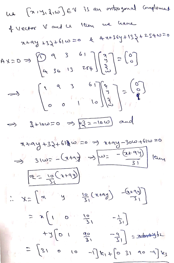 awo \ м ector ut [ary, 2,w] Ev is an ontogonal Gruplement of lector V and a then we have atay +32+61 w 20 t 42+364 +133 +2546