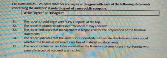 For questions 21-25, state whether you agree or disagree with each of the following statements concerning the auditors stand