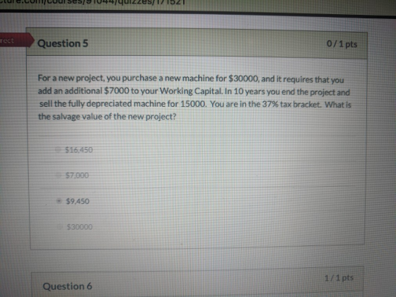 UC.Cung courses/91044/4042es/I 02 red Question 5 0/1 pts For a new project, you purchase a new machine for $30000, and it req