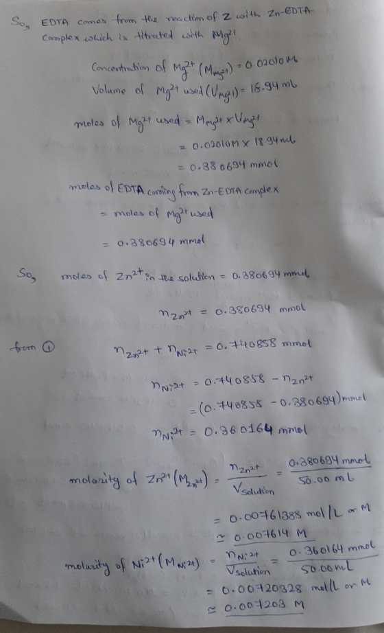 EDTA Comes trom te reaction of z tth Zn-eDTA Sos Cormplex ustich x dbrated sth Mg Concentndion of M(Mn Volume ol Mgt usod (Ue