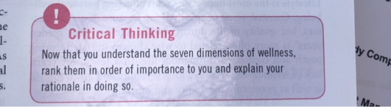 c- e Critical Thinking y Com Now that you understand the seven dimensions of wellness rank them in order of importance to you