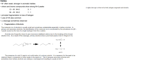 3) alpha cleavage is observed in both, balogen compounds and alcohols. Halides . M often weak; stronger in aromatic halides c
