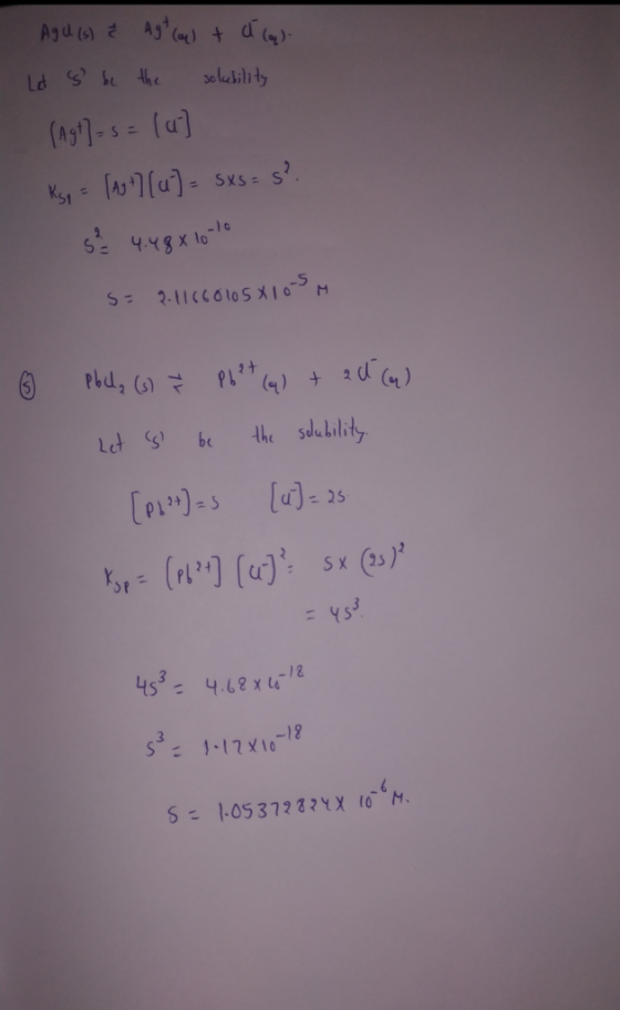 Agu (6) & Agt (on) + c (4) Let is be the solubility (Agt] = 5= (u] Ksp = [ast] (u) = sxs=s? s 4.48x10-10 s= 2.11660105x105 m