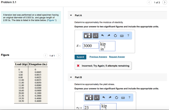 Problem 3.1 1 of 3 A tension test was performed on a steel specimen having an original diameter of 0.503 in. and gauge length of 2.00 in. The data is listed in the table below. (Figure 1) Part A Determine approximately the modulus of elasticity Express your answer to two significant figures and include the appropriate units 3000 kip in Figure 1 of 1 Submit VI LI Load (kip) Elongation (in.) X Incorrect; Try Again; 5 attempts remaining 0 1.50 4.60 8.00 11.00 11.80 11.80 12.00 16.60 20.00 21.50 19.50 18.50 0 0.0005 0.0015 0.0025 0.0035 0.0050 0.0080 0.0200 0.0400 0.1000 0.2800 0.4000 0.4600 Part B Determine approximately the yield stress Express your answer to two significant figures and include the appropriate units ?? 123 kip
