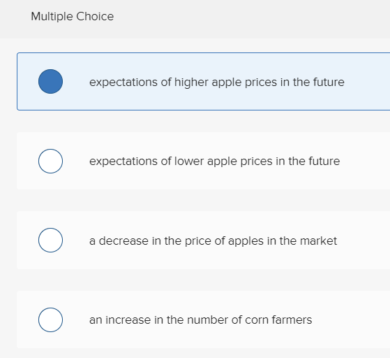 Multiple Choice expectations of higher apple prices in the future Ο expectations of lower apple prices in the future Ο a decr