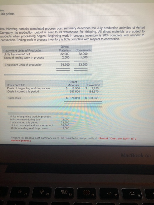 alue: ..00 points The following partially completed process cost summary describes the July production activities of Ashad Co