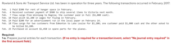 Feb. Feb. Rowland & Sons Air Transport Service Ltd. has been in operation for three years. The following transactions occurre