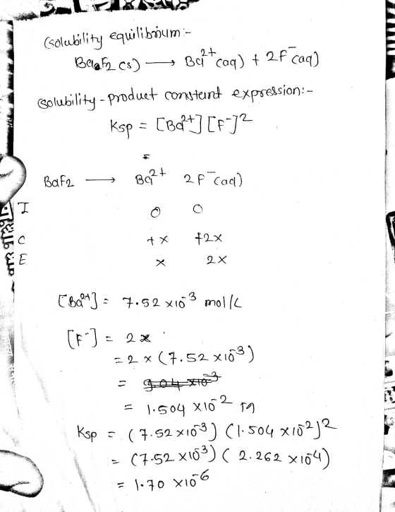 (solubility equiliboium - Belan Cs) — Bel+caq) + 2F caq) Solubility - produet constant expression:- Ksp = [Bapt] [F]2 Bafe -