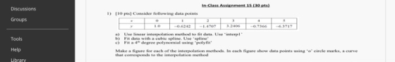 D [10 pts Consider following data points Groups a) Use linear interpolation method to fit data. Use interp1 b) Fit data with